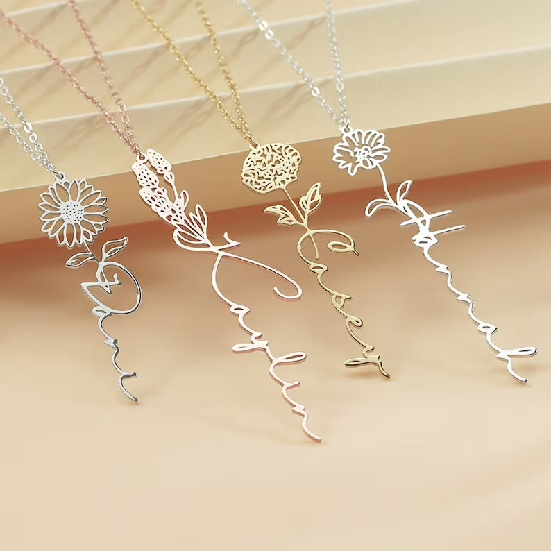 birth flower name customizable personalised necklaces, gold silver platinum rose gold