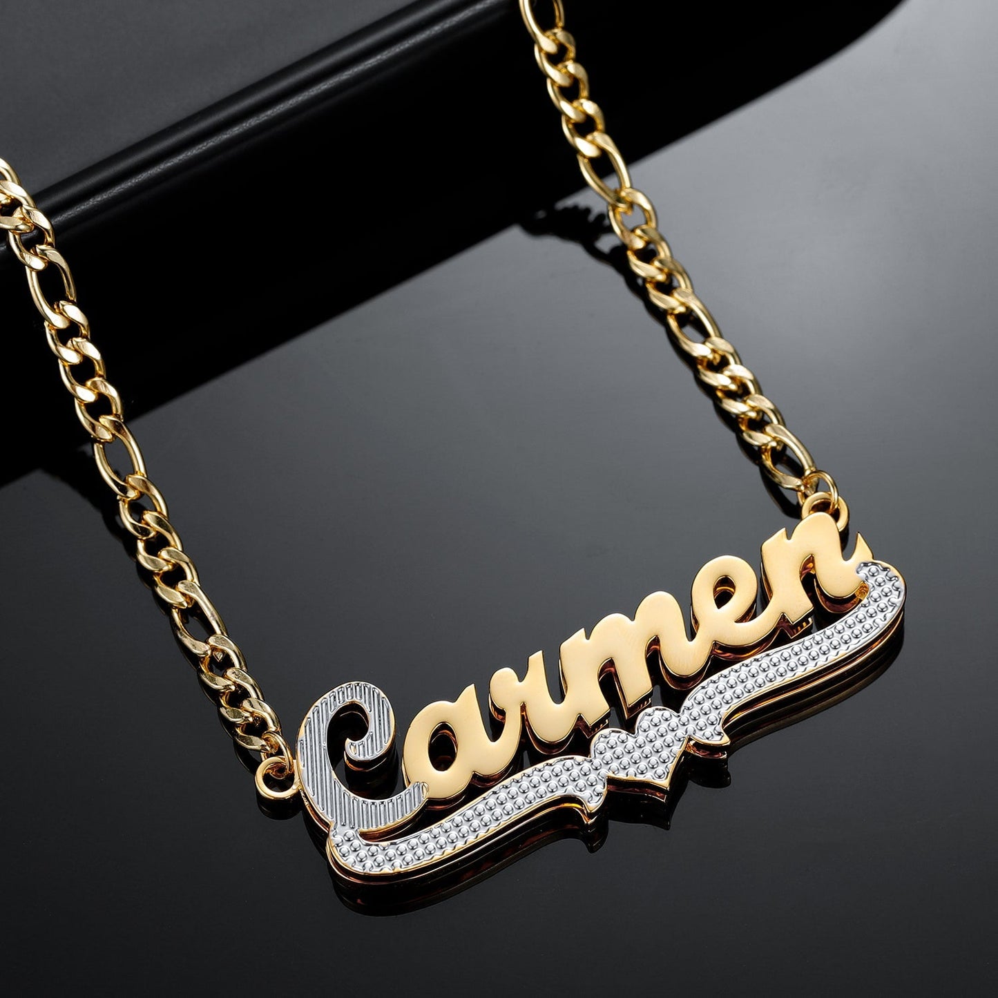 Kids Double Plated Script Name Necklace w/ Figaro Chain