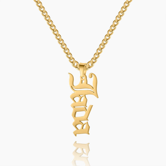 Vertical Gothic Name Necklace w/ Cuban Chain