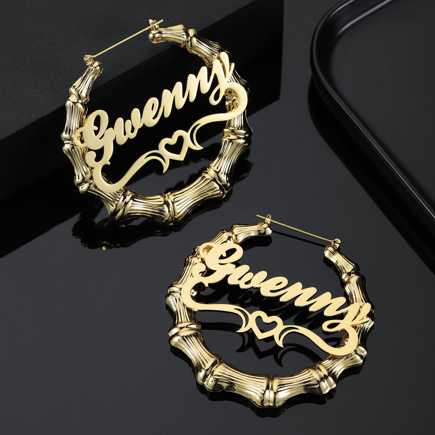 Heart Outline Bamboo Name Hoop Earrings