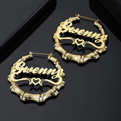 Heart Outline Bamboo Name Hoop Earrings