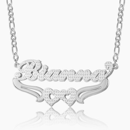 Double Plated Hearts Name Necklace w/ Figaro Chain