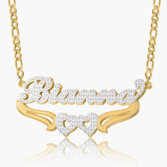 Double Plated Hearts Name Necklace w/ Figaro Chain