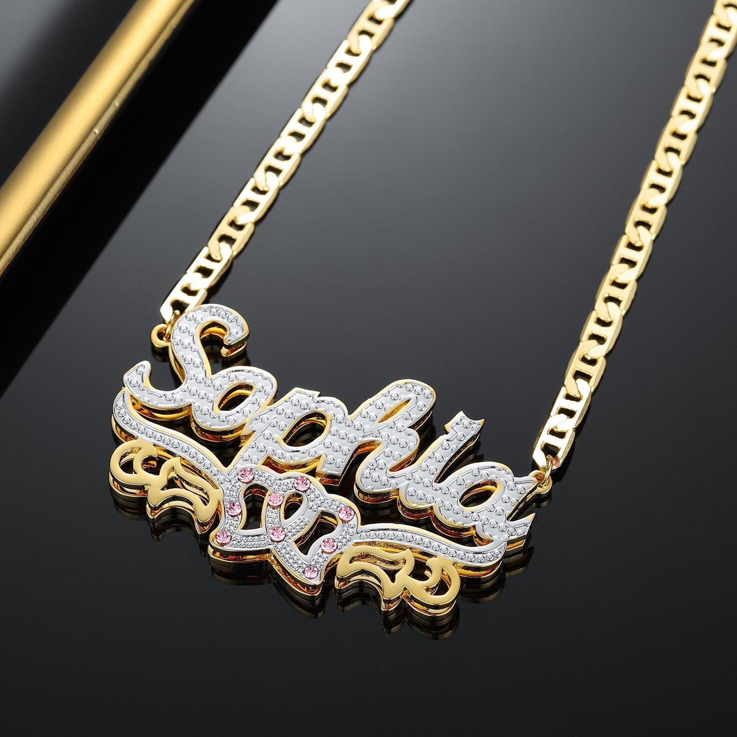 Kids Double Plated Double Heart Name Necklace w/ Clip Chain