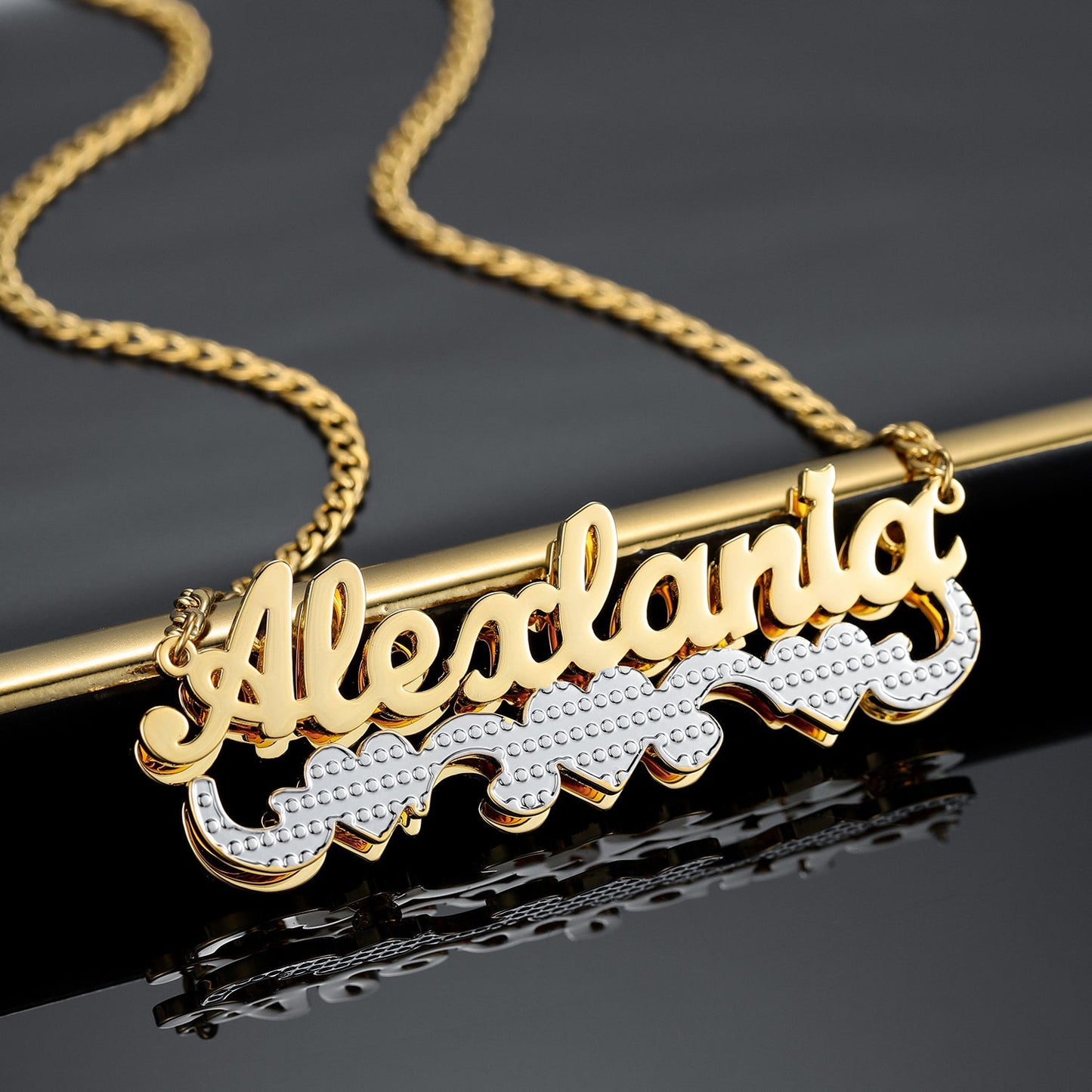 Double Plated Triple Heart Name Necklace w/ Cuban Chain