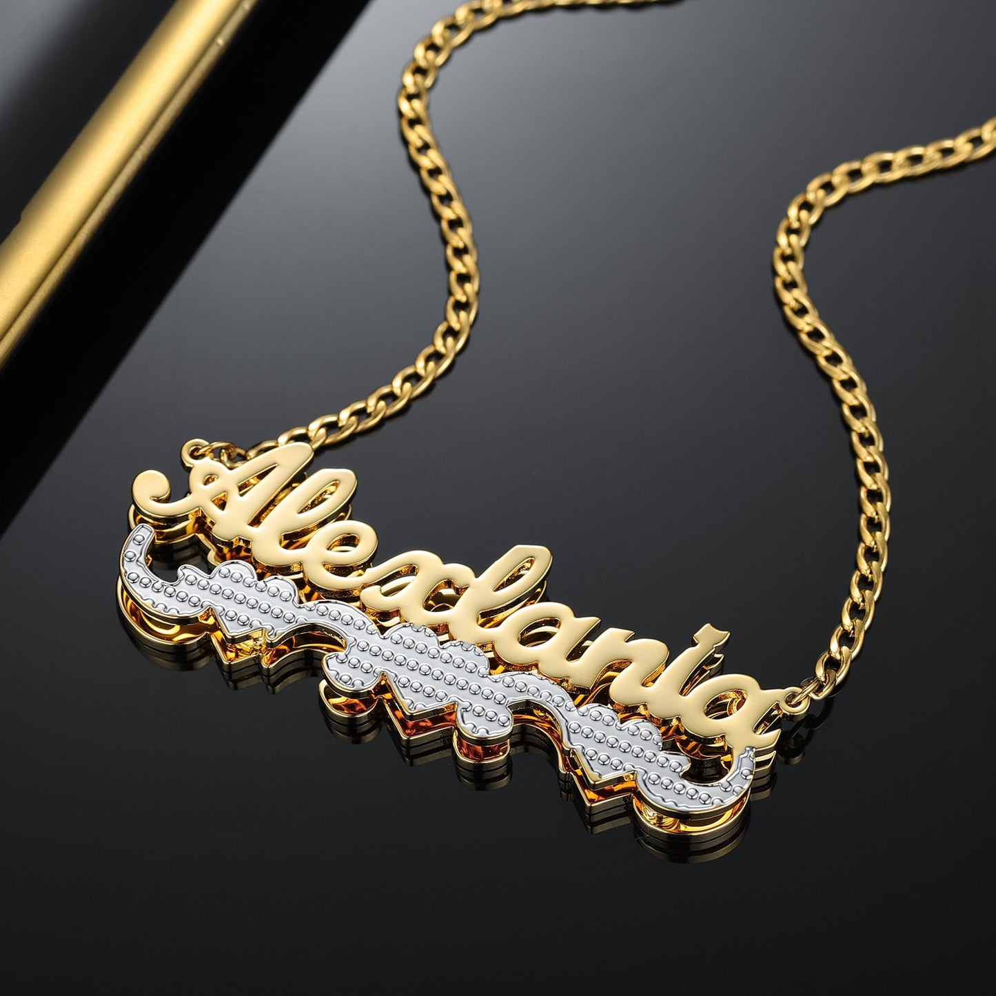 Double Plated Triple Heart Name Necklace w/ Cuban Chain