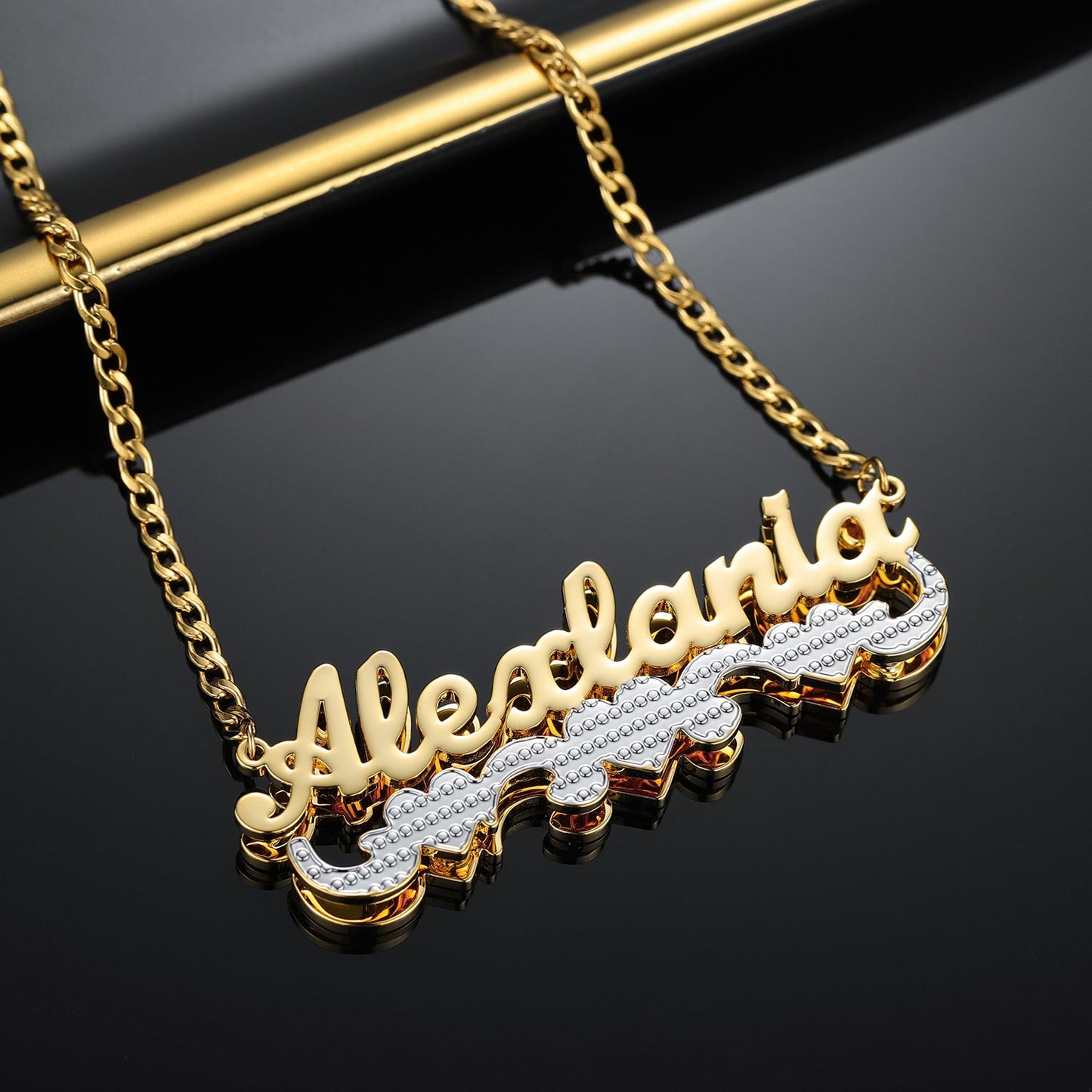 Double Plated Triple Heart Name Necklace w/ Cuban Chain