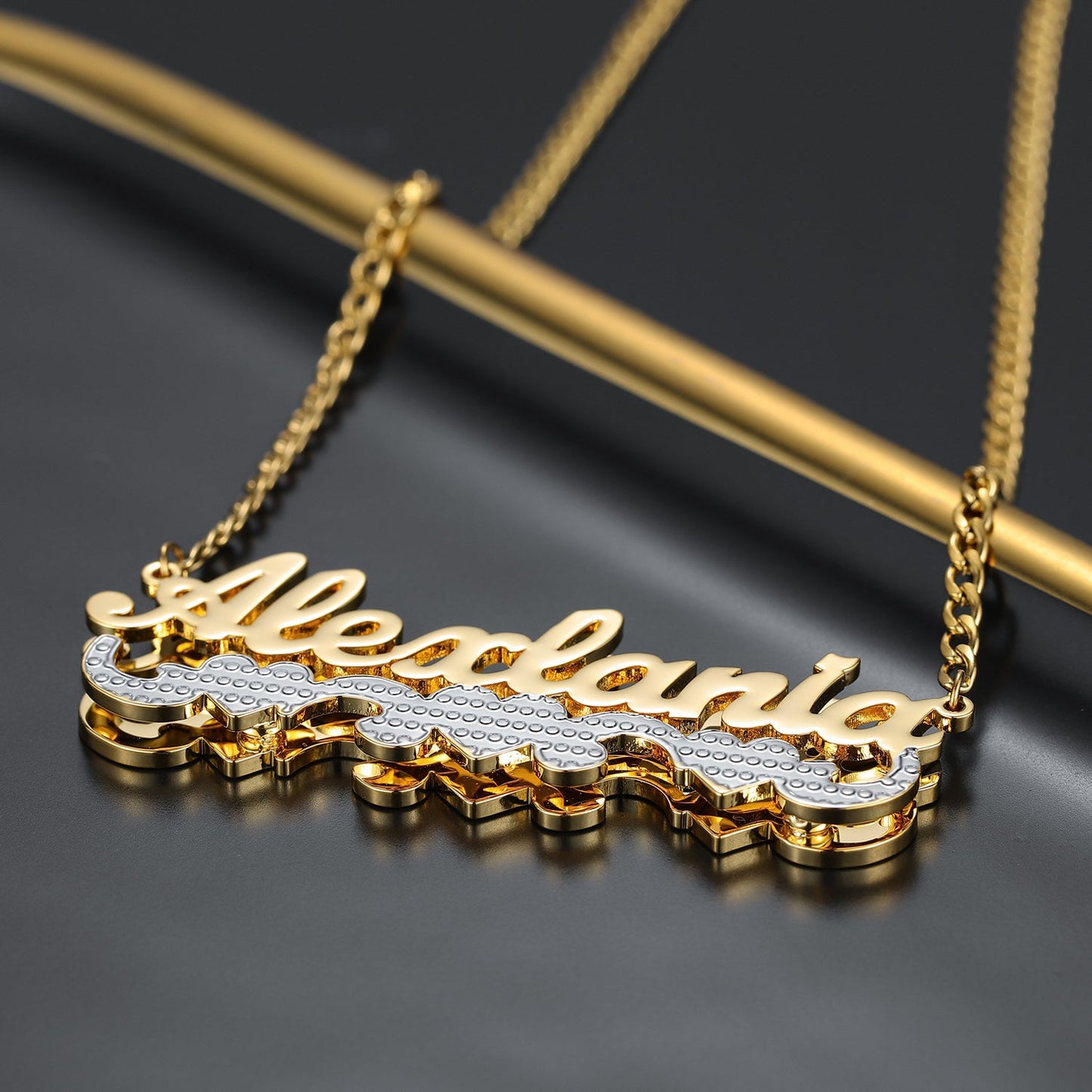 Double Plated Triple Heart Name Necklace w/ Cuban Chain