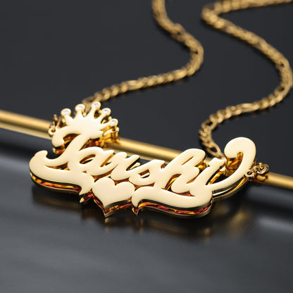 Double Plated Crown Heart Name Necklace w/ Figaro Chain