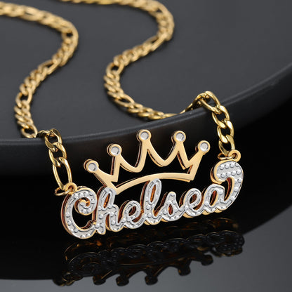 Double Plated Crown Name Necklace w/ Figaro Chain