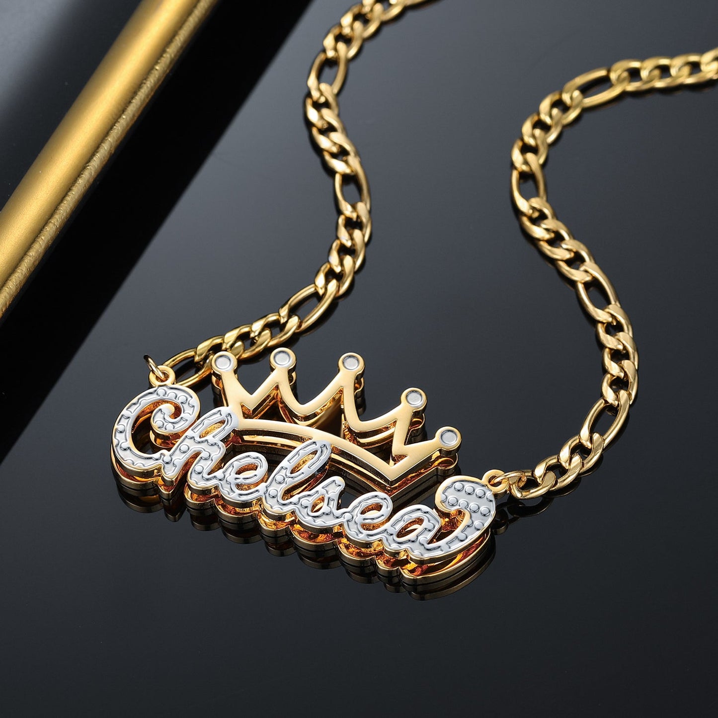 Double Plated Crown Name Necklace w/ Figaro Chain