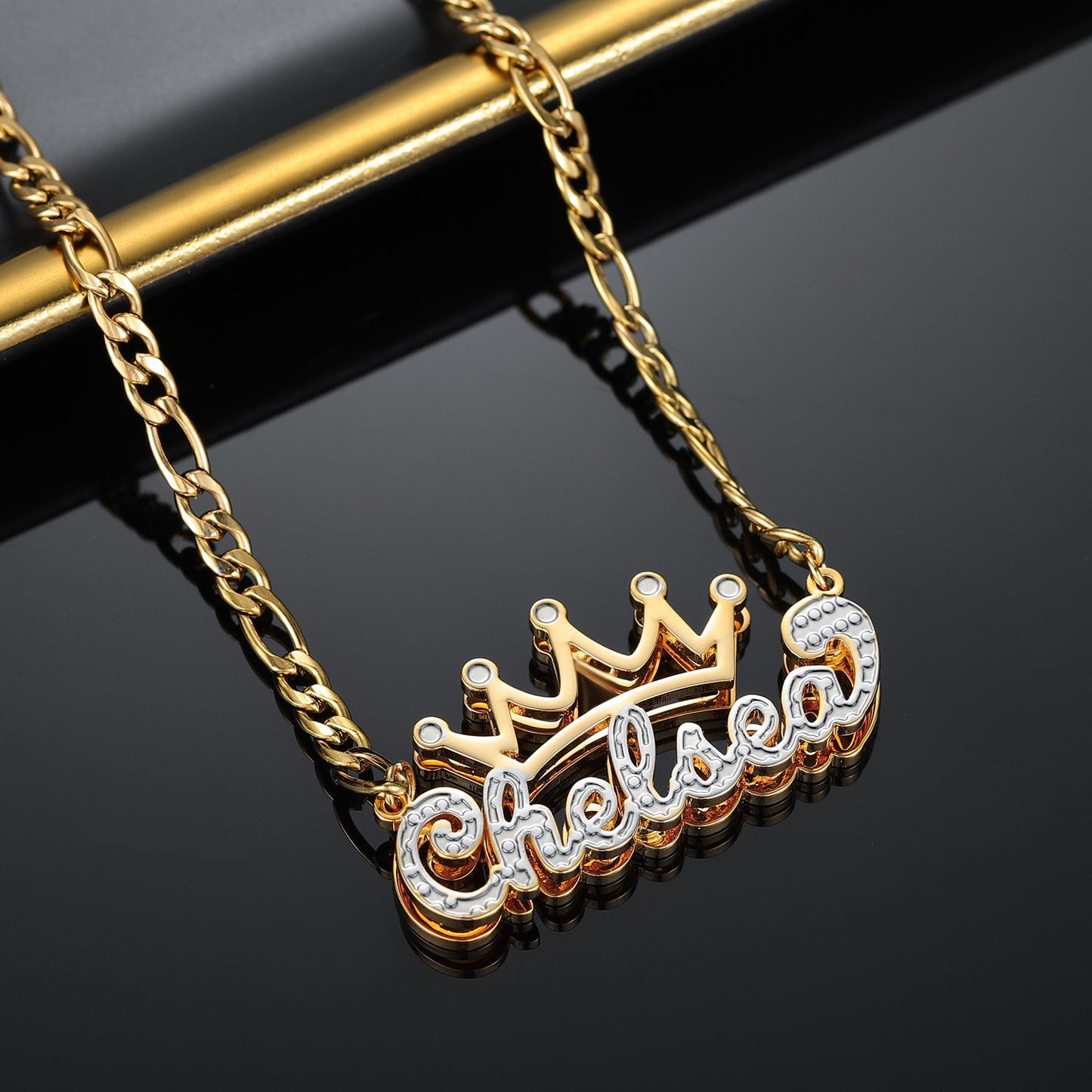 Double Plated Crown Name Necklace w/ Figaro Chain