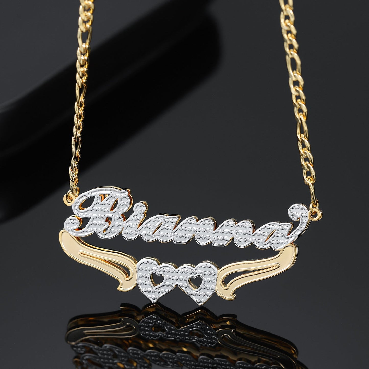 Double Plated Hearts Name Necklace w/ Figaro Chain