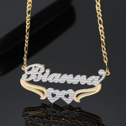 Kids Double Plated Hearts Name Necklace w/ Figaro Chain