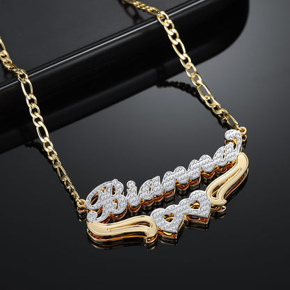 Double Plated Hearts Name Necklace w/ Figaro Chain