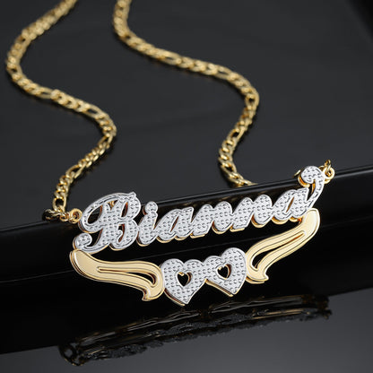 Double Plated Hearts Name Necklace w/ Figaro Chain