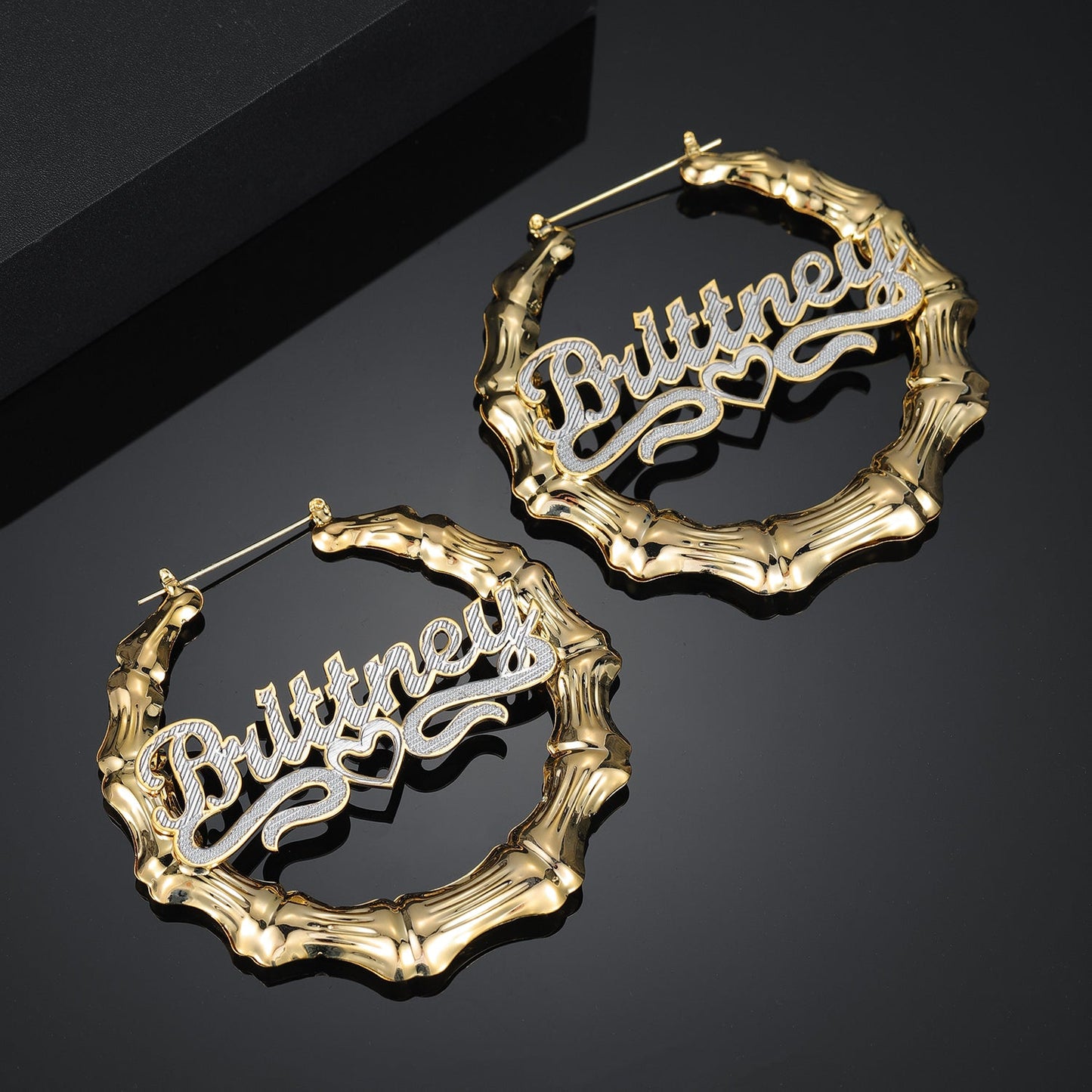 Double Plated Heart Outline Bamboo Name Hoop Earrings