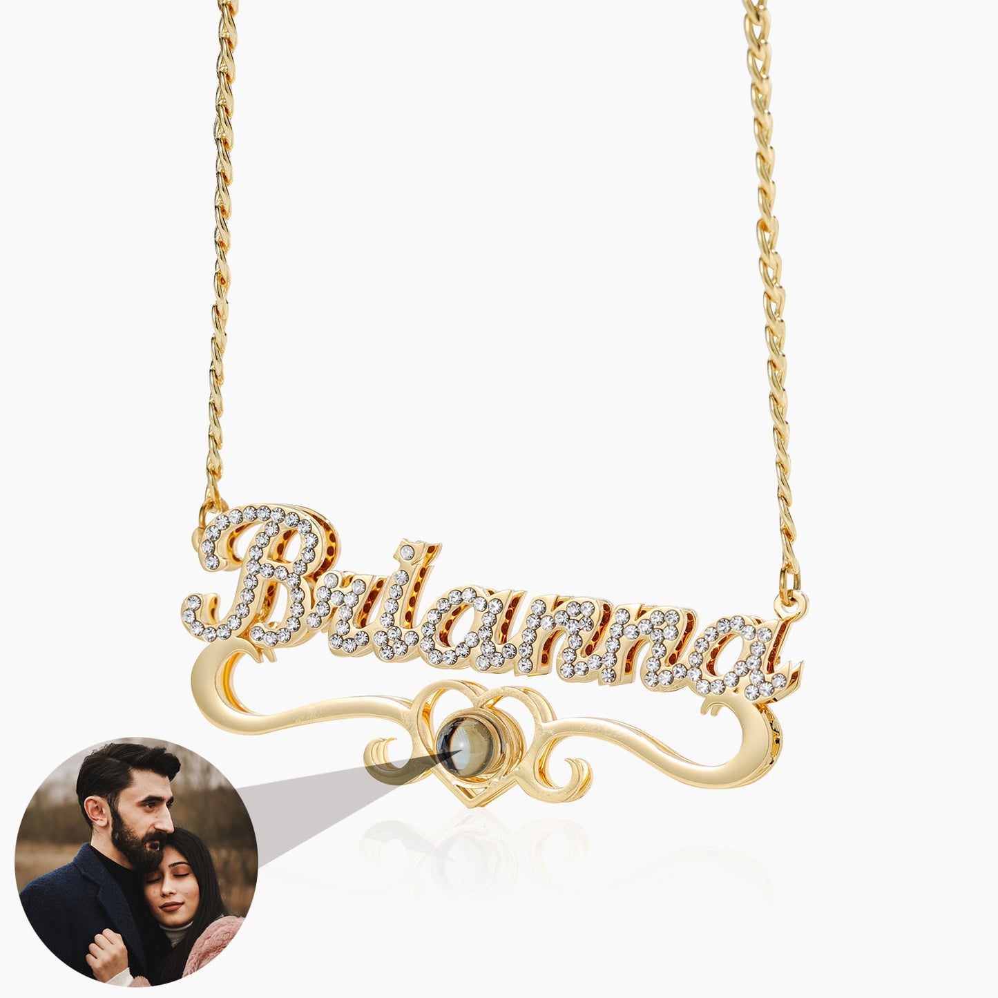 Double Plated Iced Heart Photo Name Necklace w/ Cuban Chain