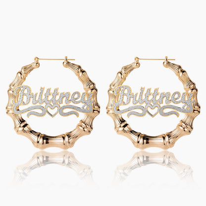 Double Plated Heart Outline Bamboo Name Hoop Earrings