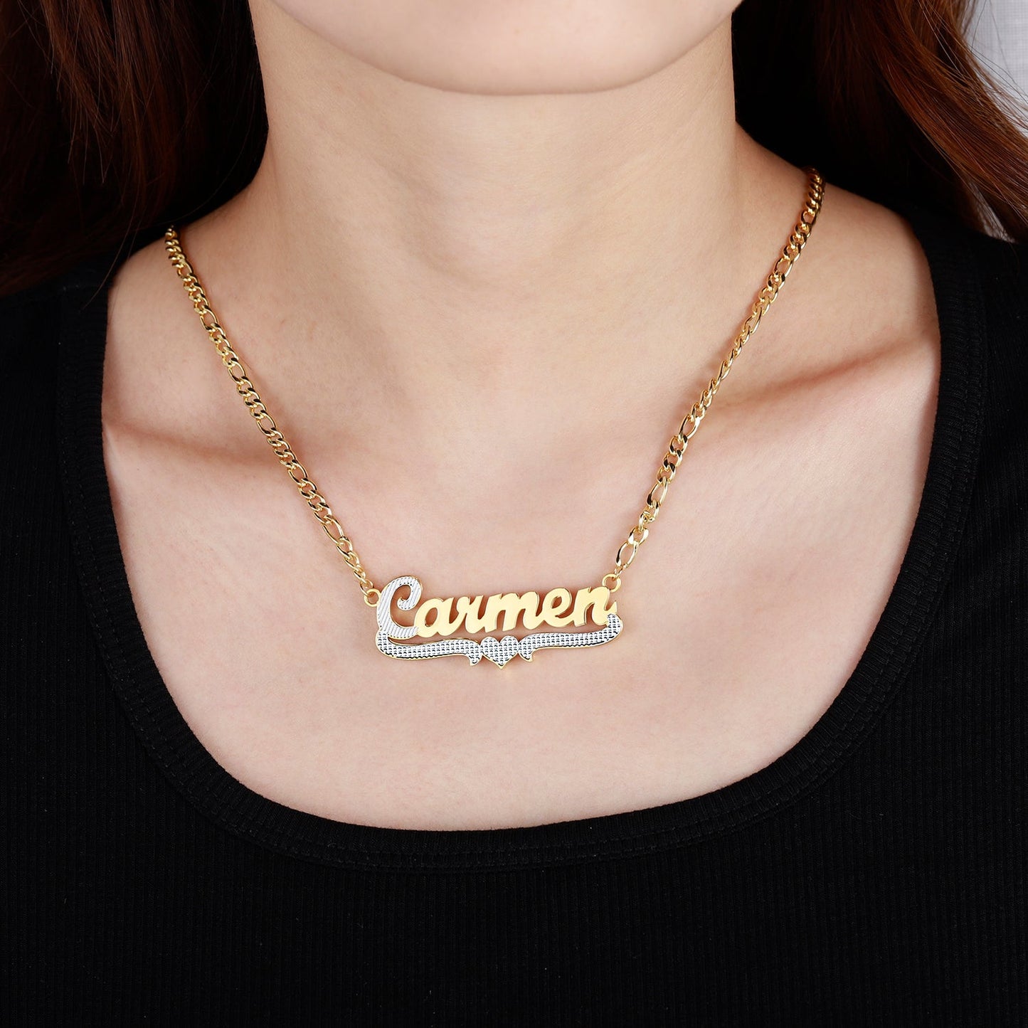 Double Plated Script Name Necklace w/ Figaro Chain