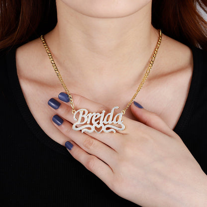 Double Plated Heart Title Name Necklace w/ Figaro Chain